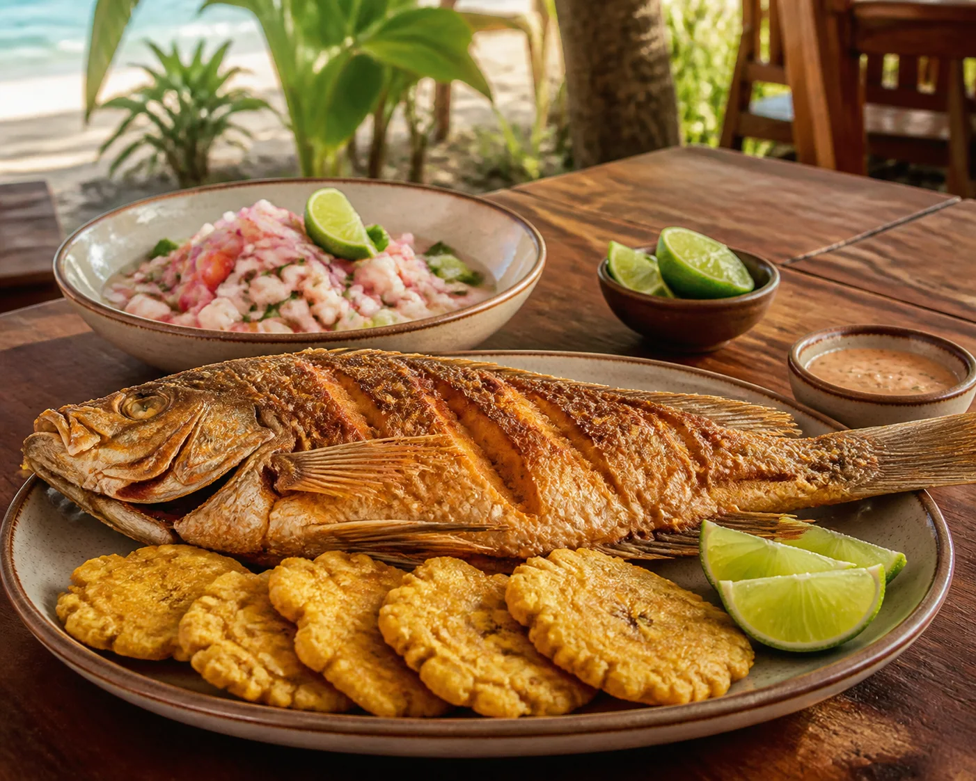 Pescado frito con patacones y ceviche junto al mar